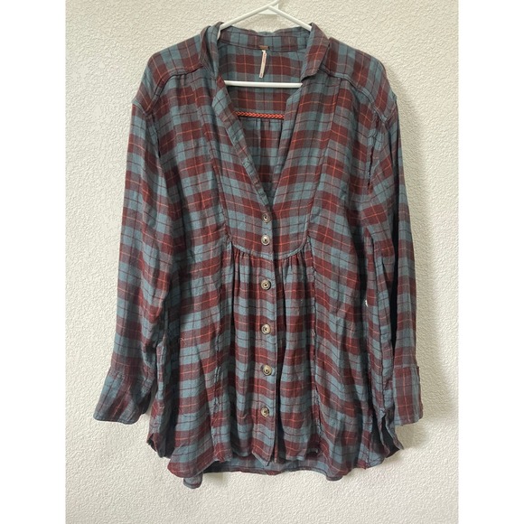 Free People Plaid Button Down Top Tunic Blue Rust Womens Medium Bohemian - Picture 1 of 5